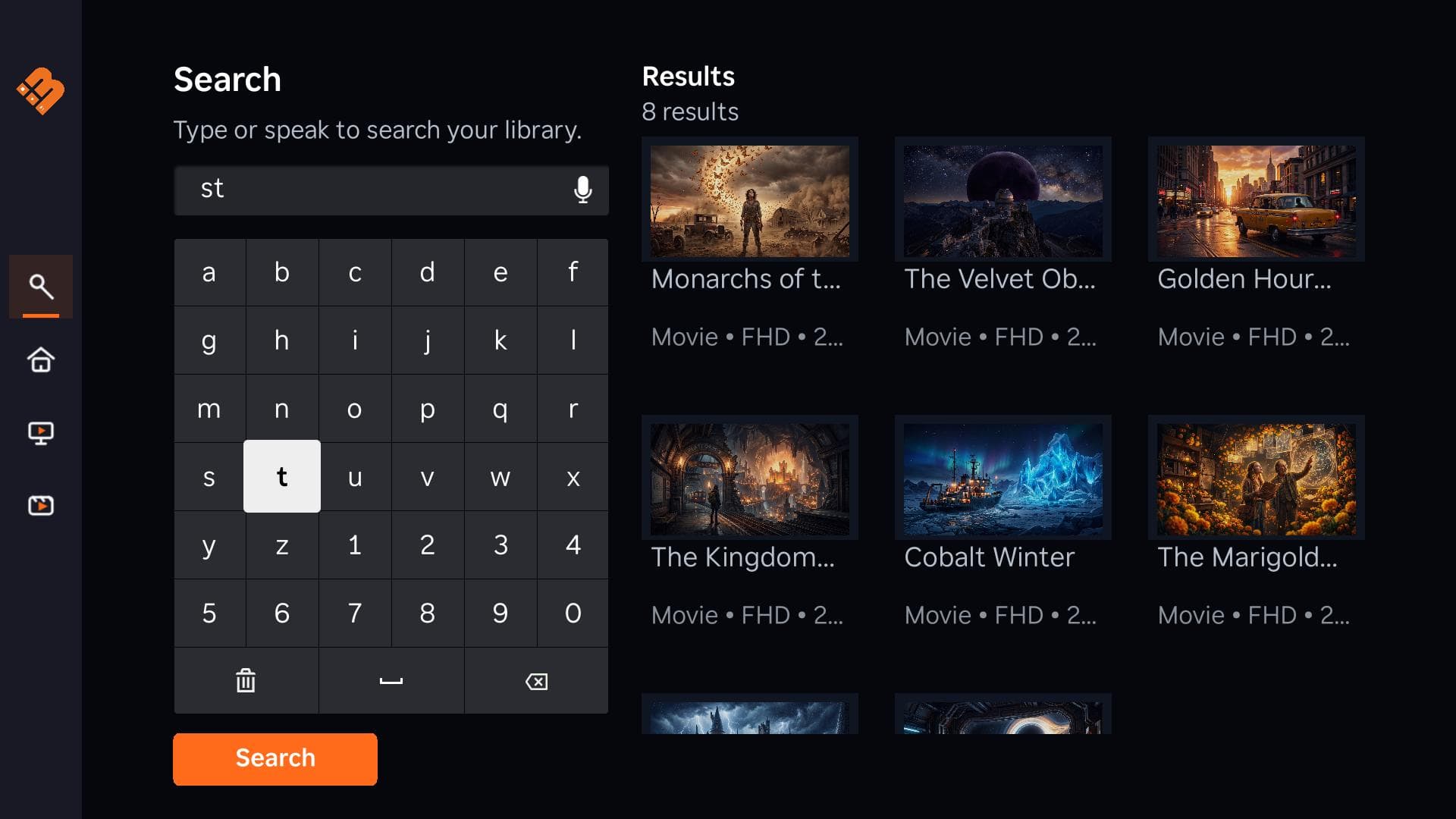 MediaBlaster Roku app search screen with keyboard and results